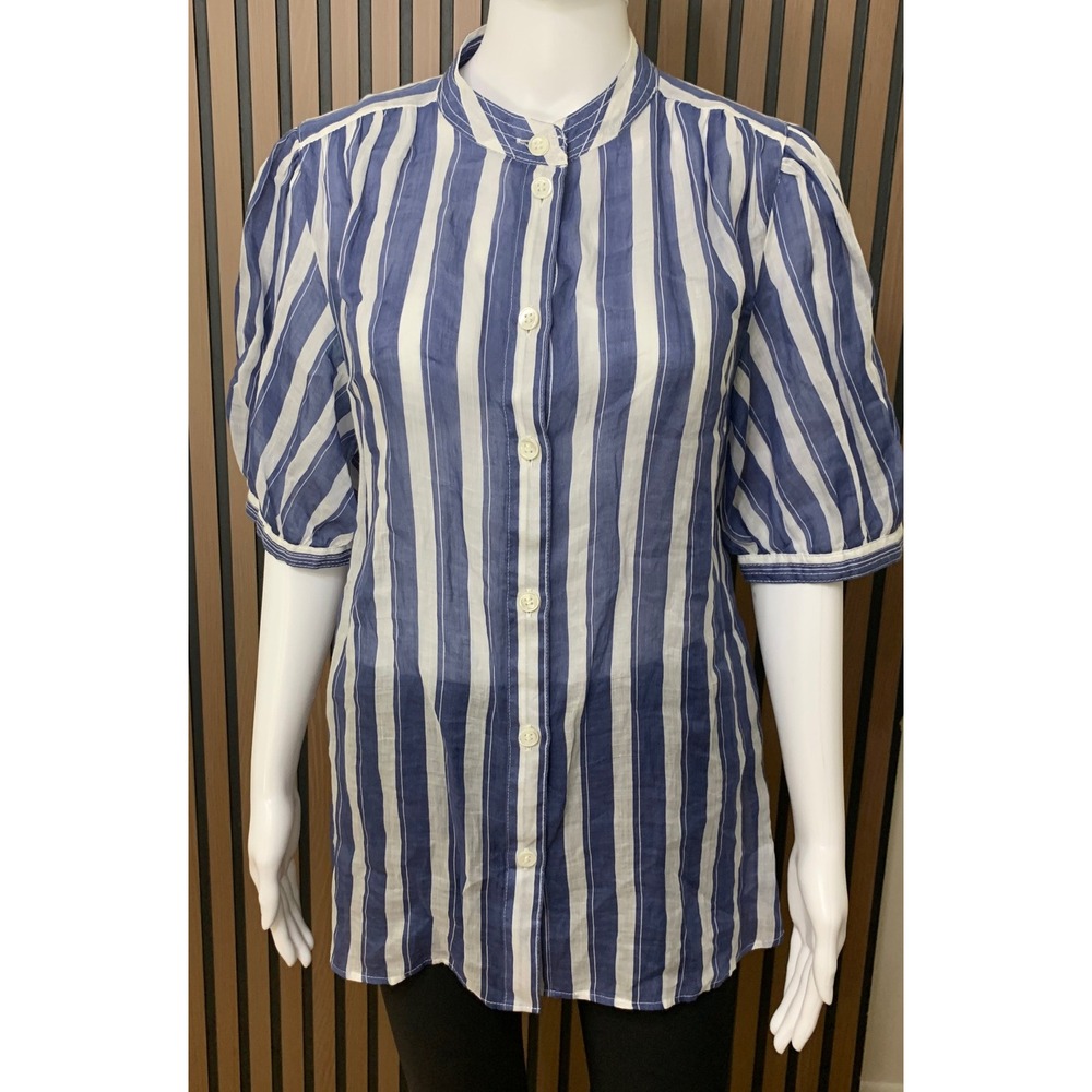 Banana Republic Blue White Striped Ramie Blouse Tall Medium Short Puff Sleeve